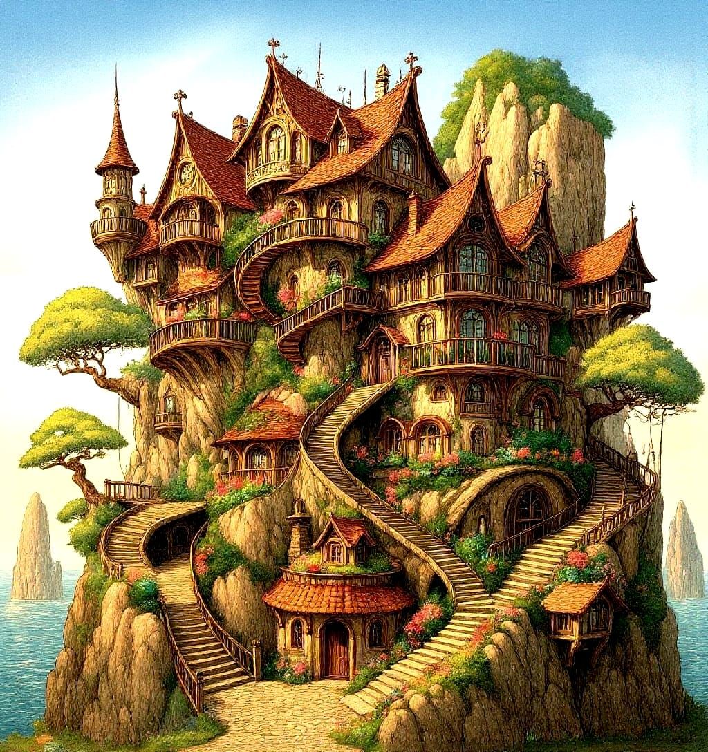 A quaint, whimsical cottage nestled precariously on the edge of a towering cliff, with winding staircases and balconies ...