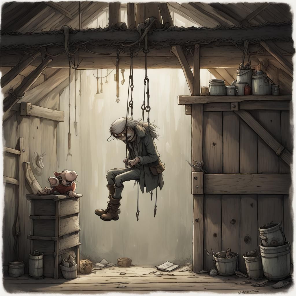 Eerie Hanging Man in Shed: Dark Fantasy Art