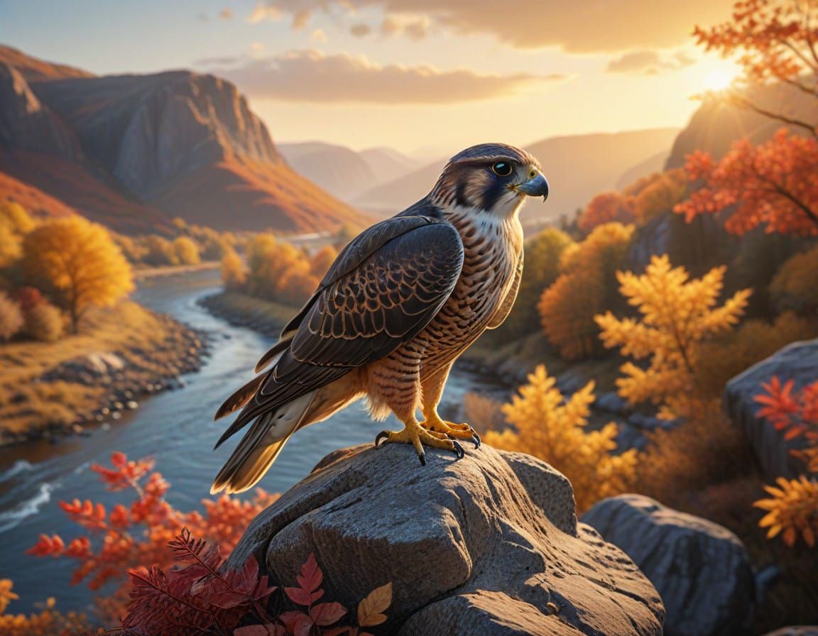 Hyperdetailed Falcon Perched on Autumn River Rock