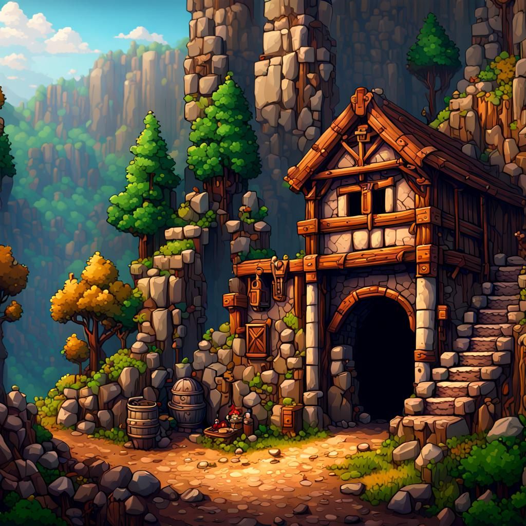 Pixel Art Mine Entrance with Merchant and Dwarf