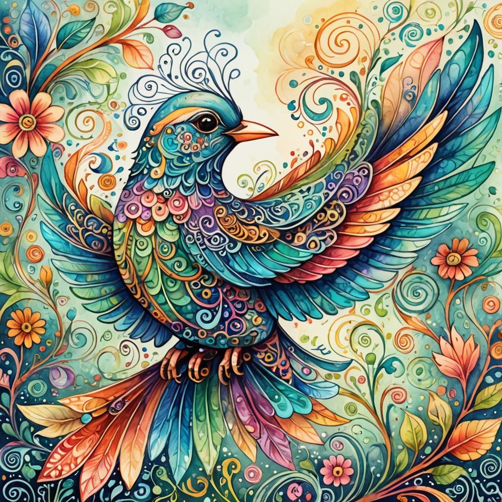 Whimsical Doodle Art of Bird in Flight