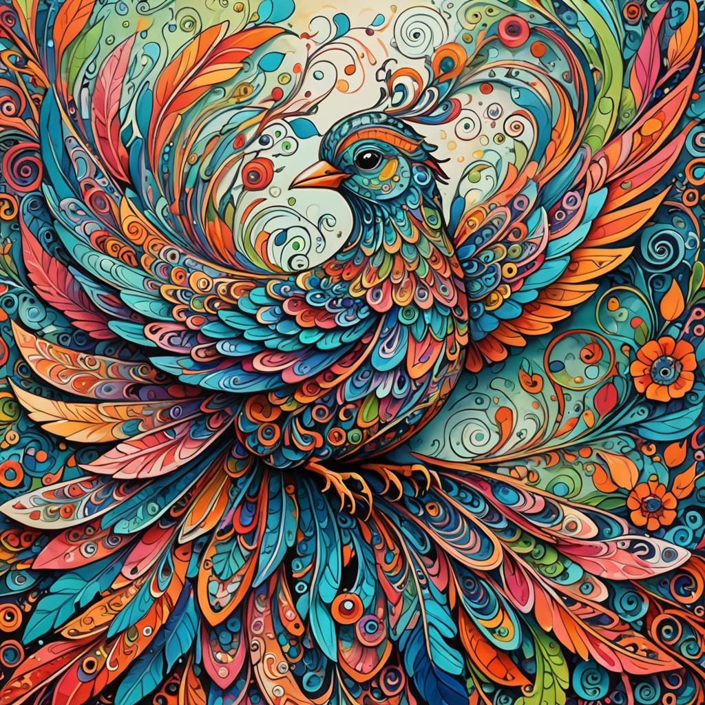 Whimsical Doodle Art: Bird in Filigree