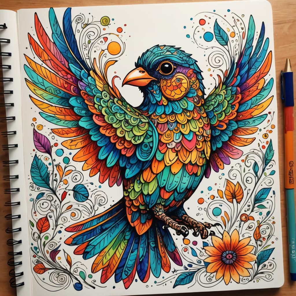 Colorful Bird Taking Flight in Doodle Art Style