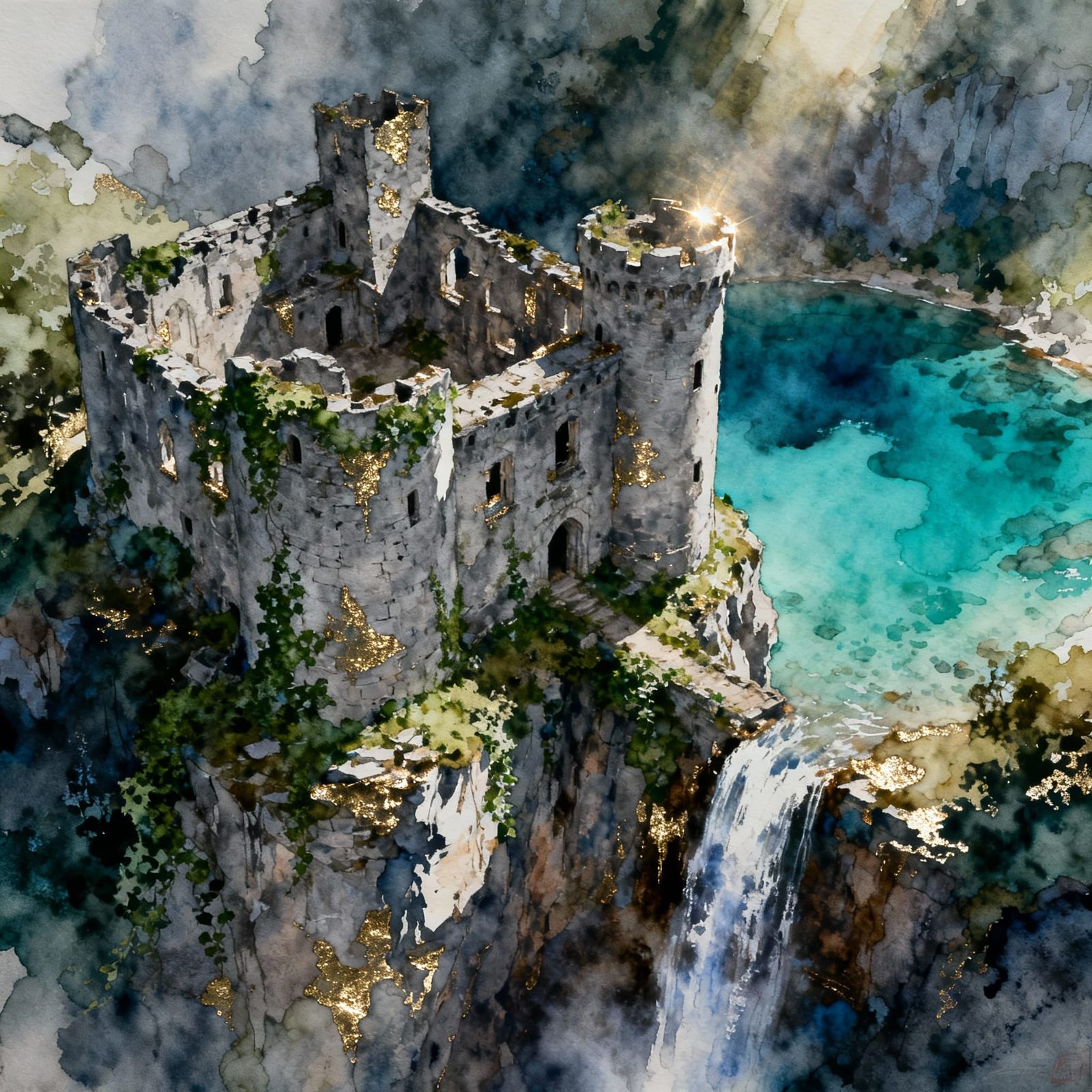 Abandoned Castle Overlooking Waterfall, Watercolor Painting
