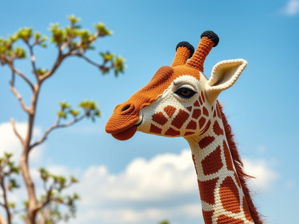 Giraffe Near Acacia Tree, Crocheted Yarn Style