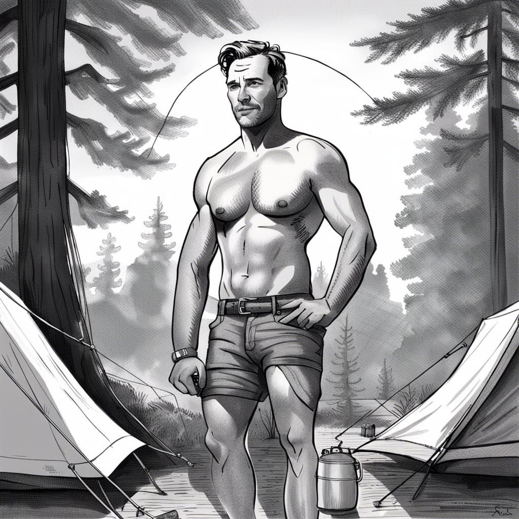 Shirtless Man Camping: Black and White Drawing