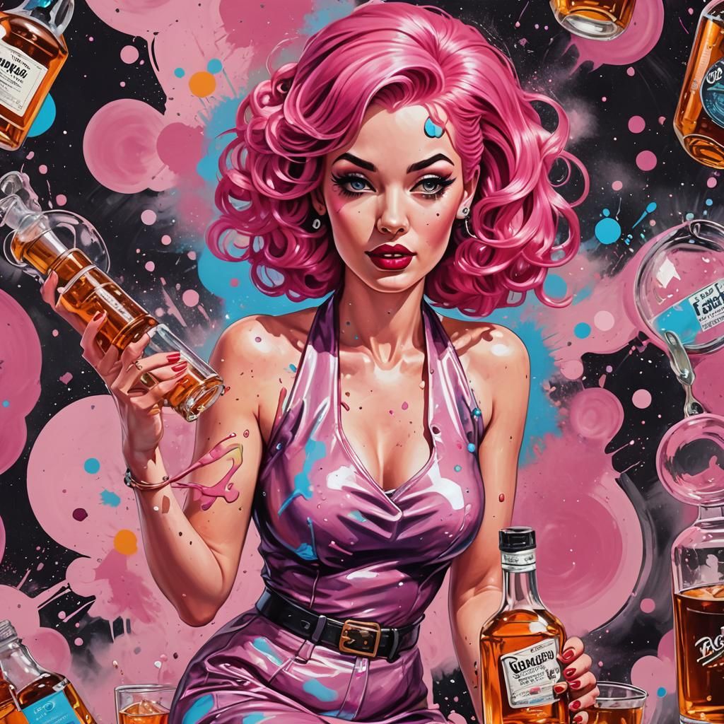 1950s Pinup Girl with Whisky, Holographic Street Art