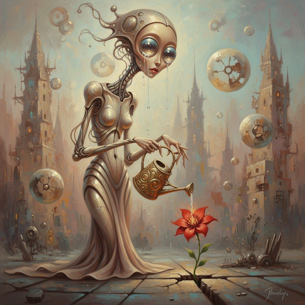 Cyborg Woman Waters Flower in Postapocalyptic City