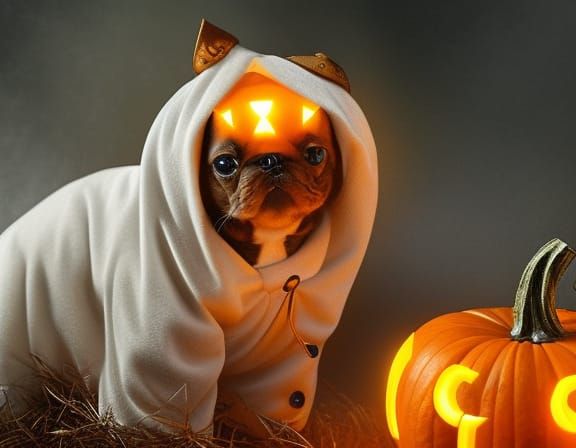 Adorable Halloween Puppy in Ghost Costume: Digital Art