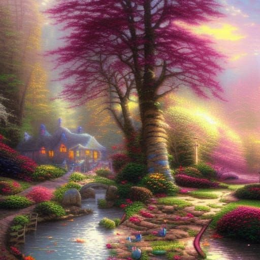 Ethereal Fantasy of Hearts in Kinkade Style
