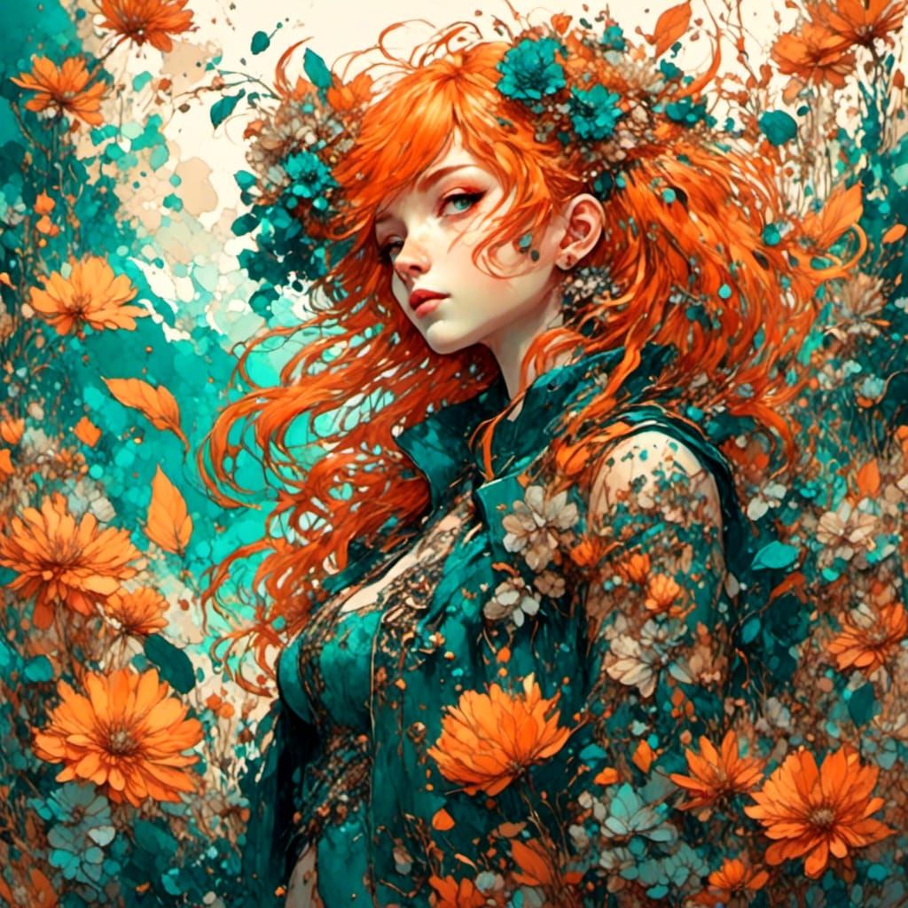 Anime Girl with Orange Hair in Flower Punk Outfit