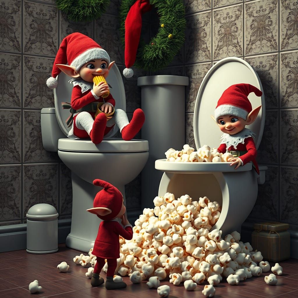 Whimsical Christmas Elves in Playful Fantasy Scene
