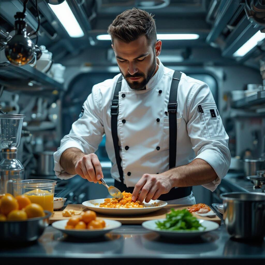 Gourmet Chef in Zero-Gravity Kitchen: Cyberpunk Style