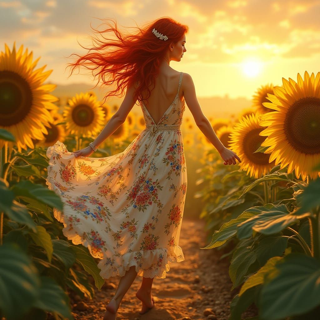 Woman Dancing in Sunflower Field, Art Nouveau Style