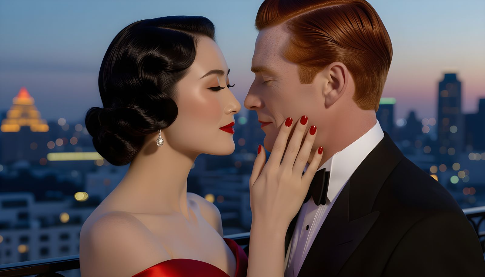 1930s Couple's Romantic Embrace on Art Deco Balcony