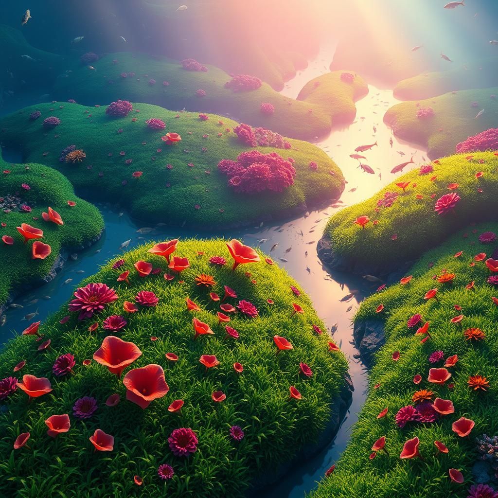 Lush Landscape with Exotic Aquarium Animals