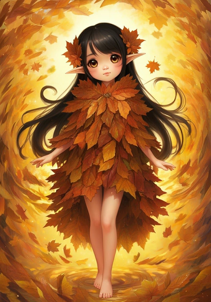 Adorable elf girl with long, black hair and, large brown eye...