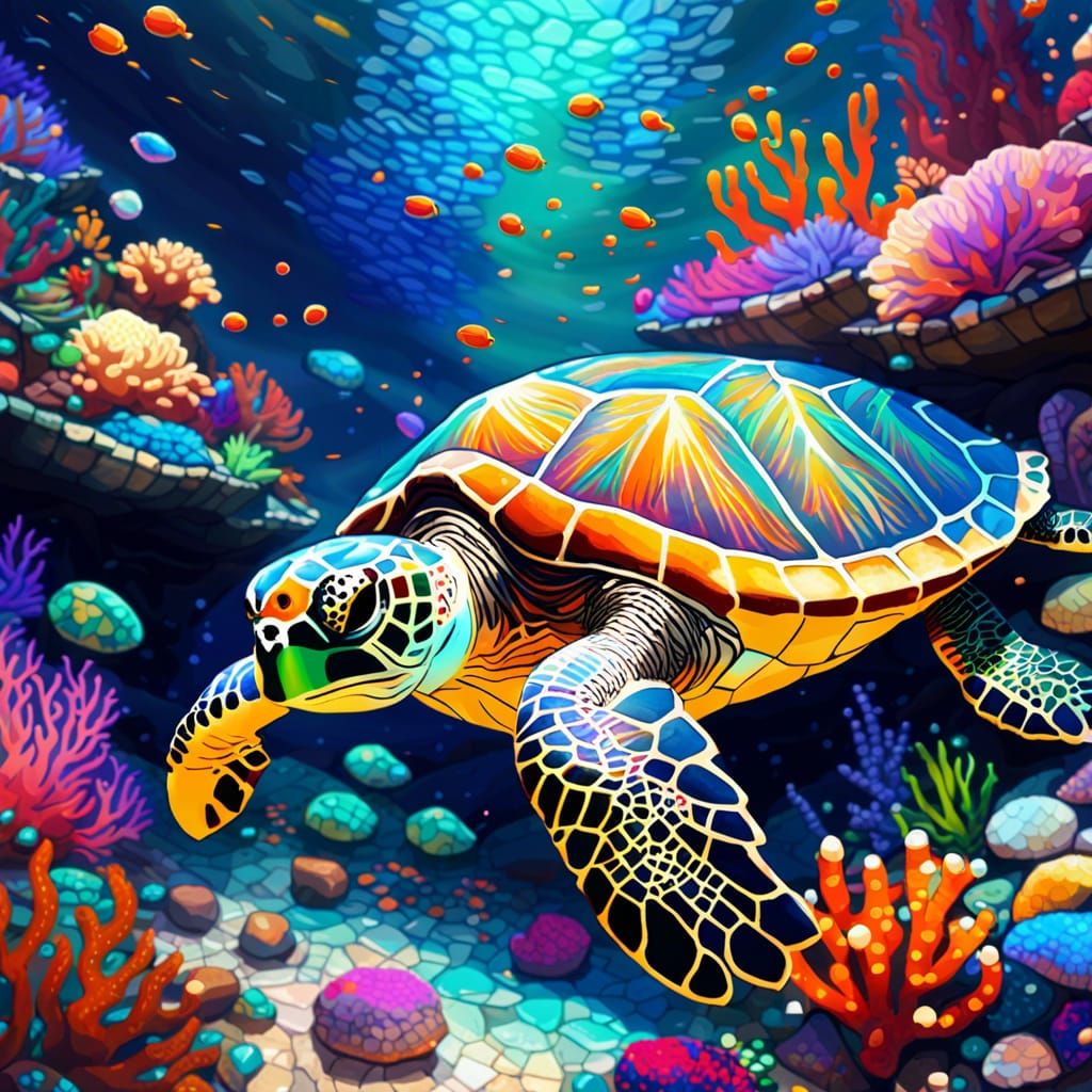 Mosaic Sea Turtle in Colourful Coral Sea