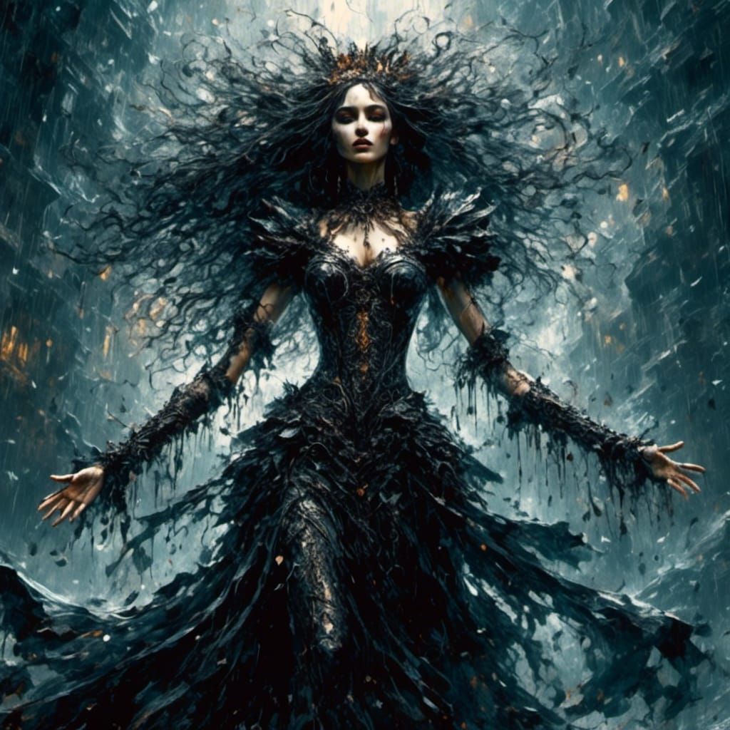 Enchantress Welcoming Rain in Gothic Fantasy Style