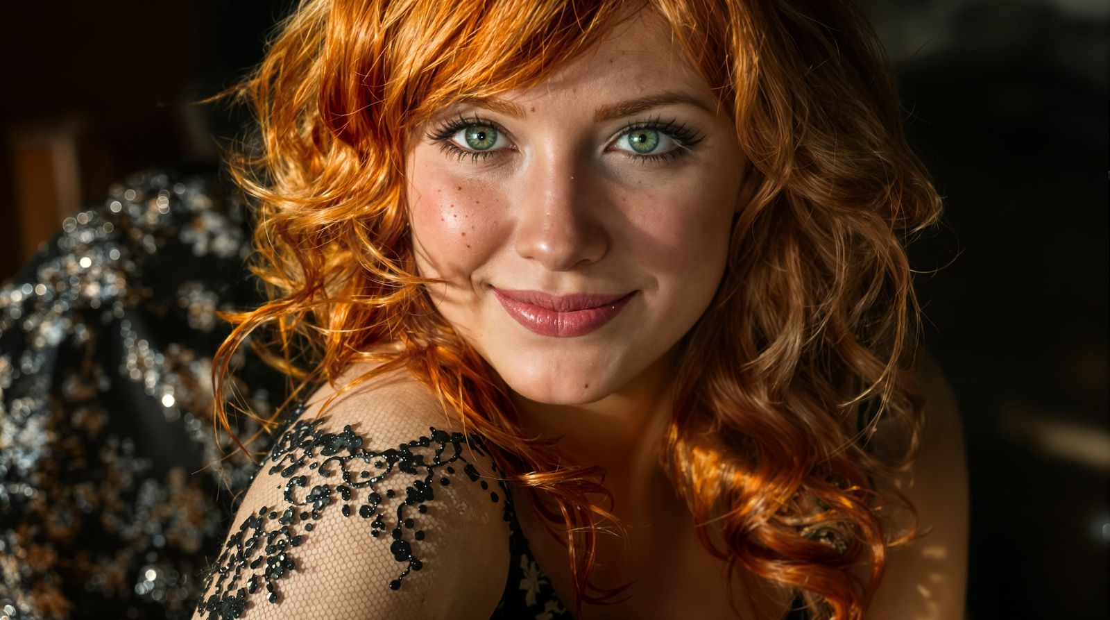 Radiant Redhead Goddess in Emerald and Ebony