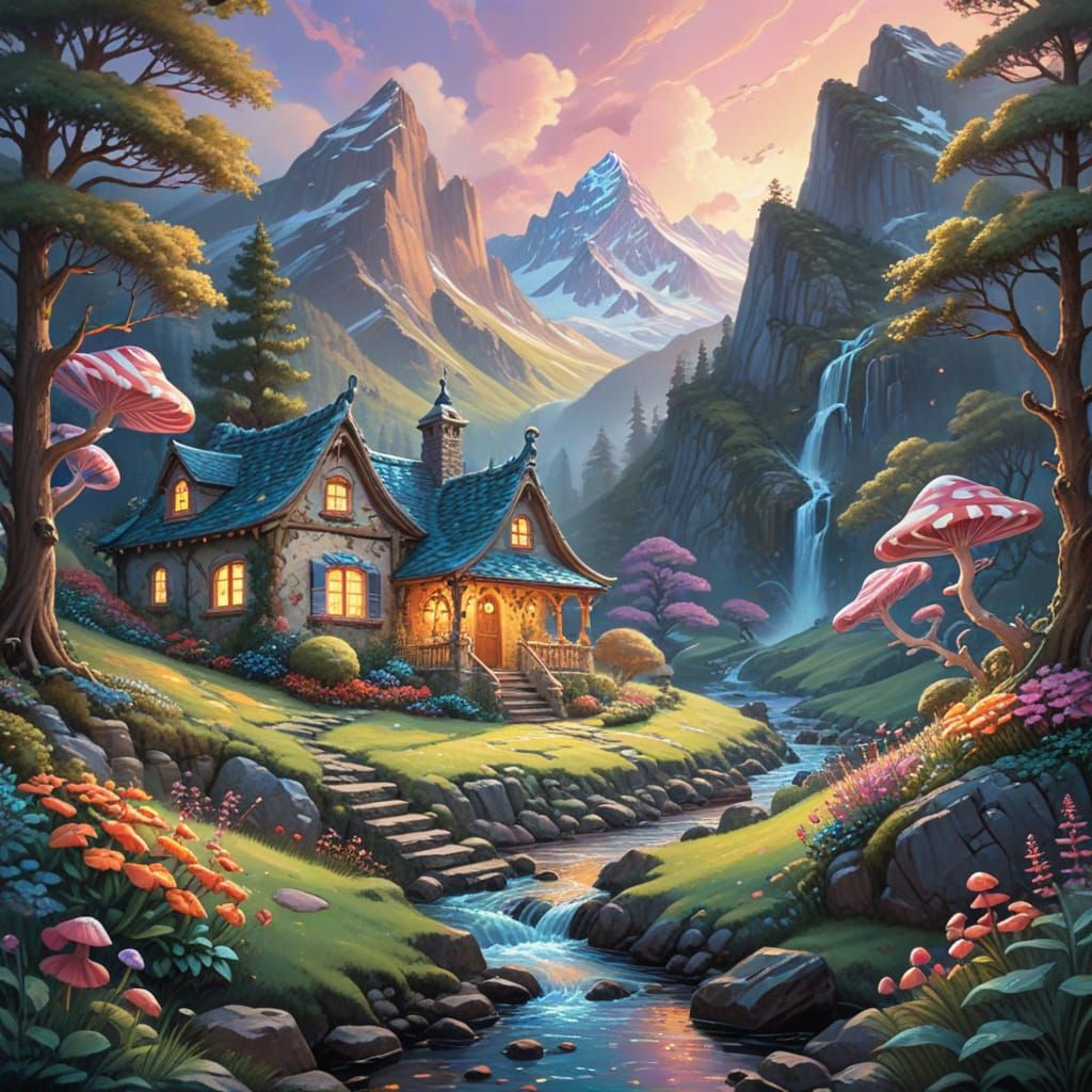 Cozy Cottage Beneath Twilight Mountains in Storybook Style
