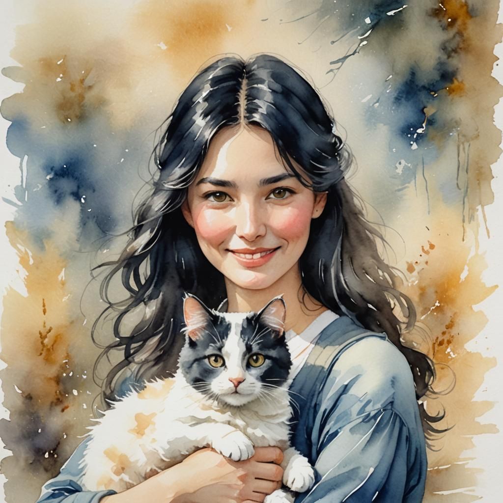 Watercolor Portrait of Woman with Cat