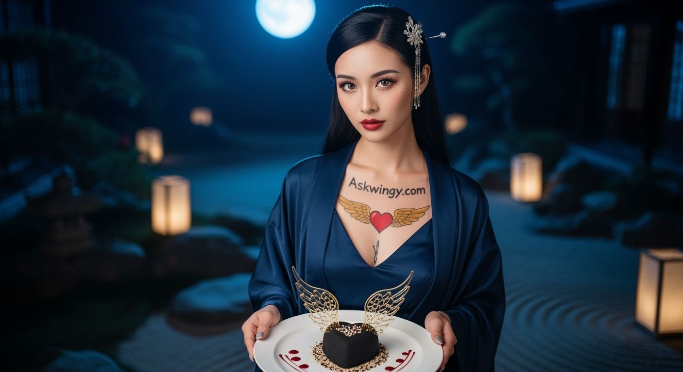 Woman in Silk Kimono in Moonlit Zen Garden