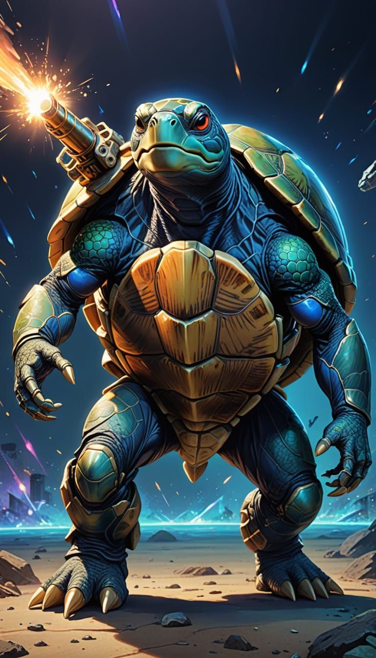 Blue Bipedal Turtle Hero with Blazing Cannon