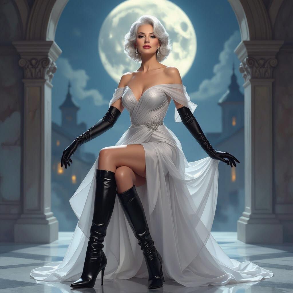 Elegant Elderly Woman in Sheer Gown and Boots