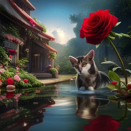 Cat Playing in Water with Rose: Fantasy Concept Art