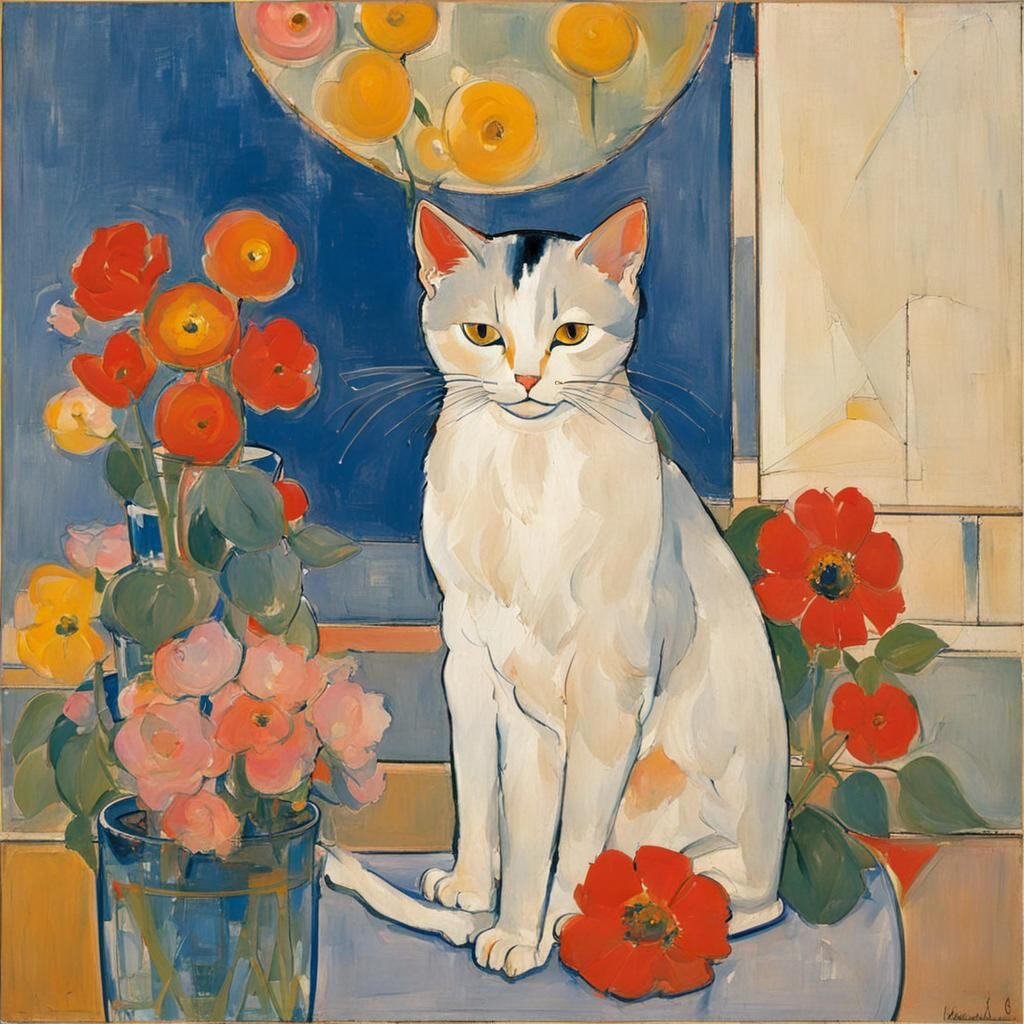 Cat on Pillow with Flowers in Geometric Style