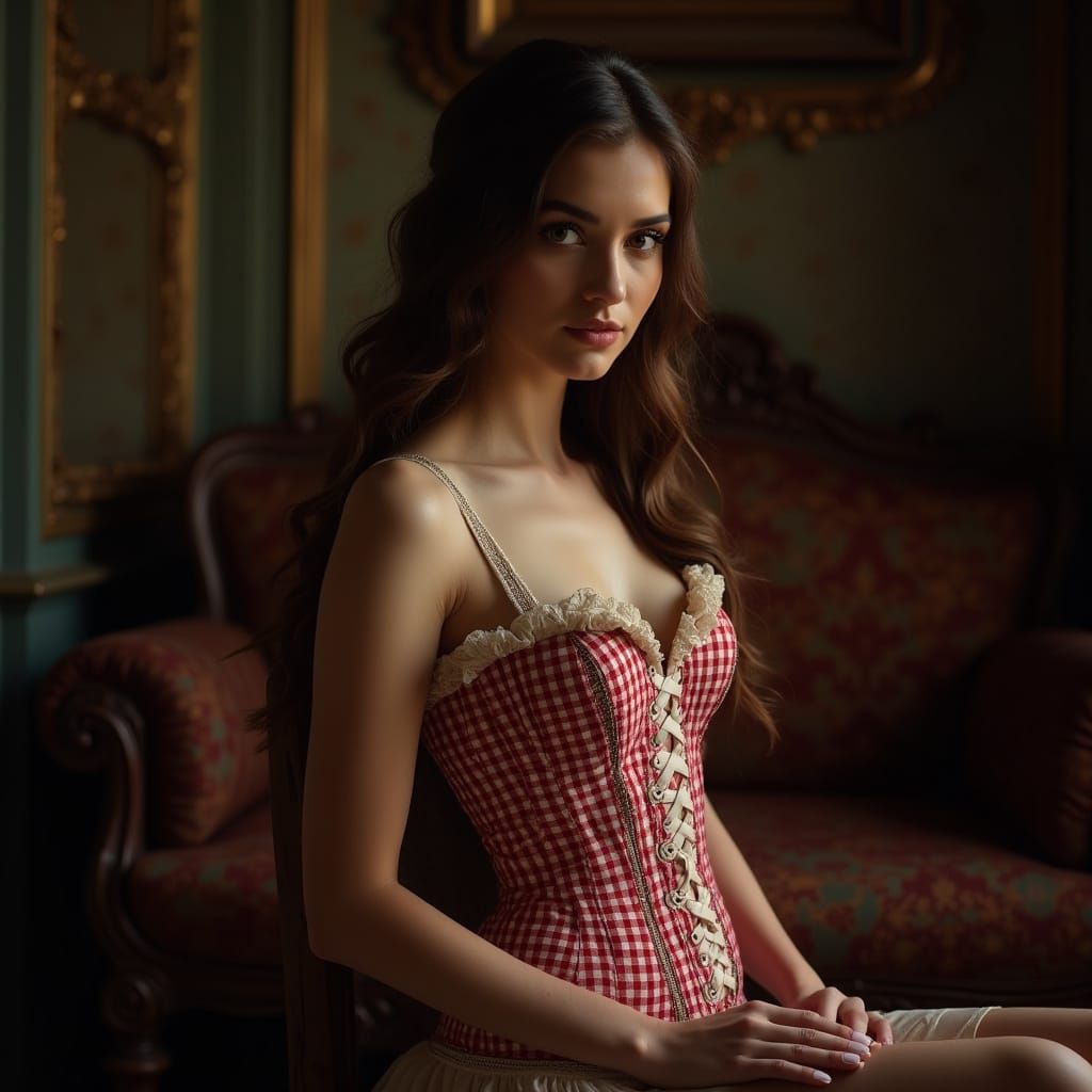 Woman in Victorian-Inspired Corset with Luxurious Vintage Se...
