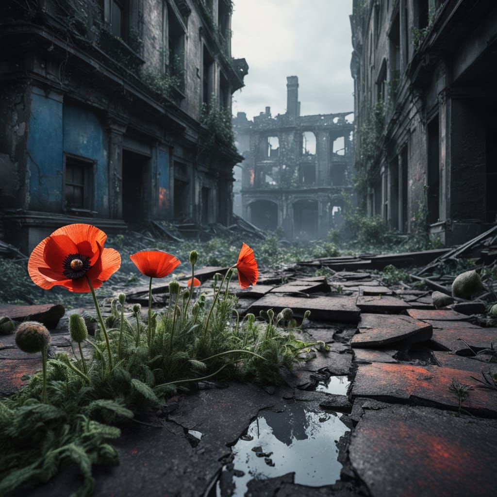 Red Poppy Blooms in Ruined Cyberpunk City