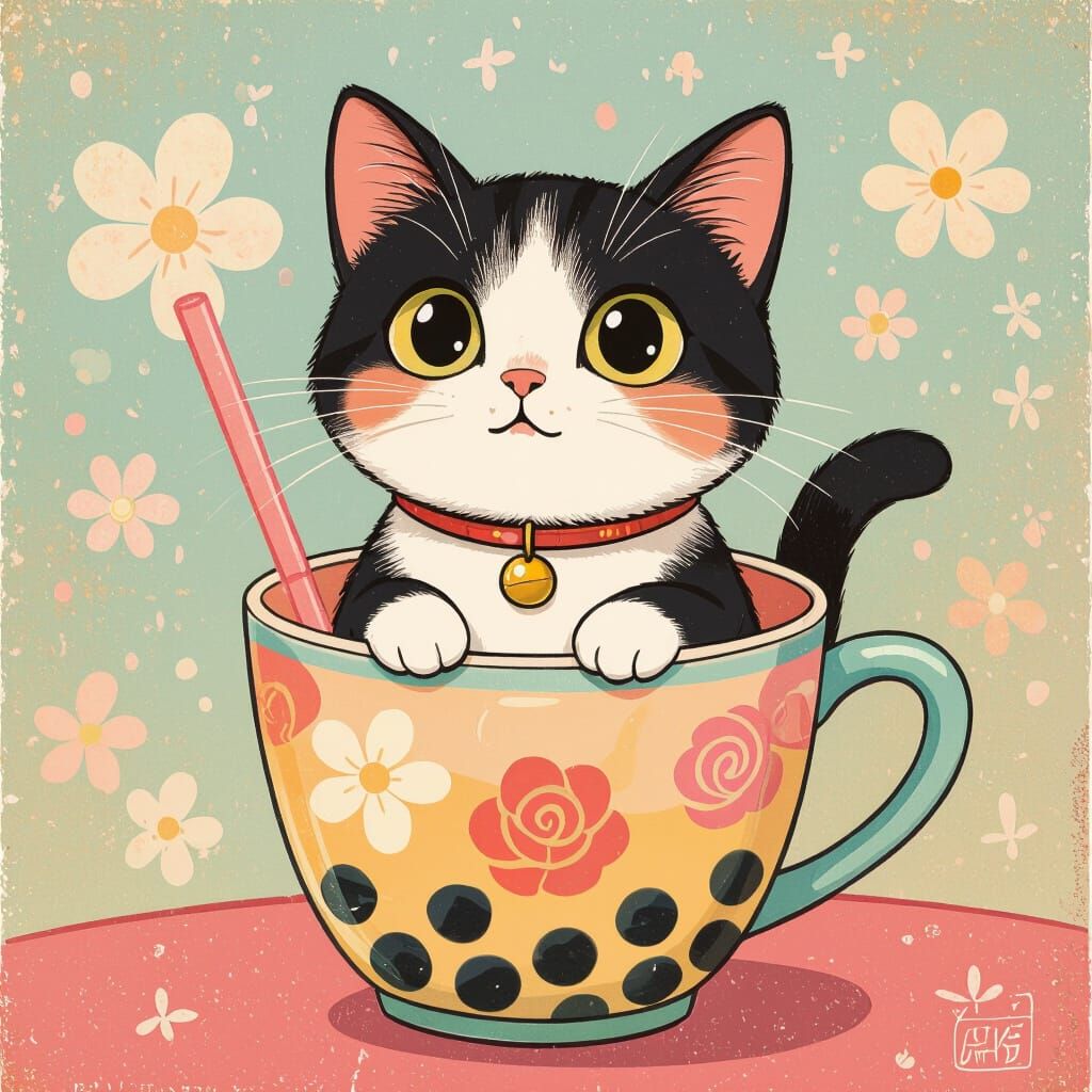 Cat in Bubble Tea Cup: Whimsical Art