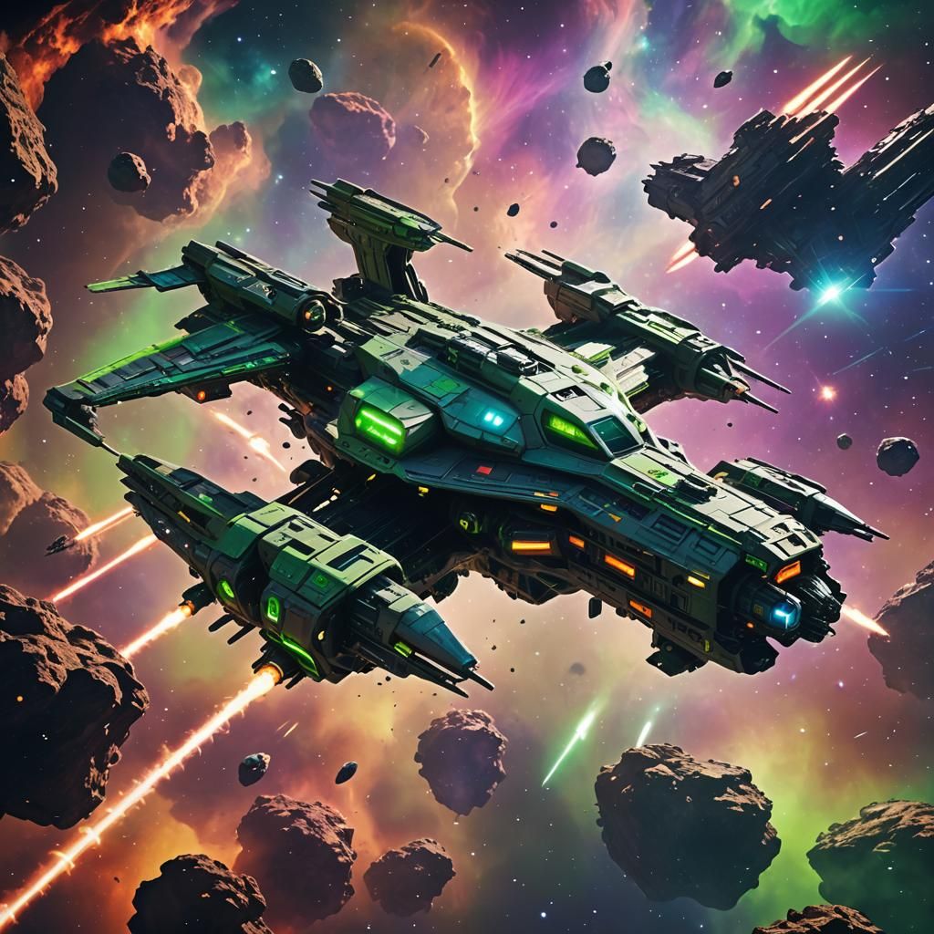 Alien Carrier Attacks Space Station in Colorful Nebula