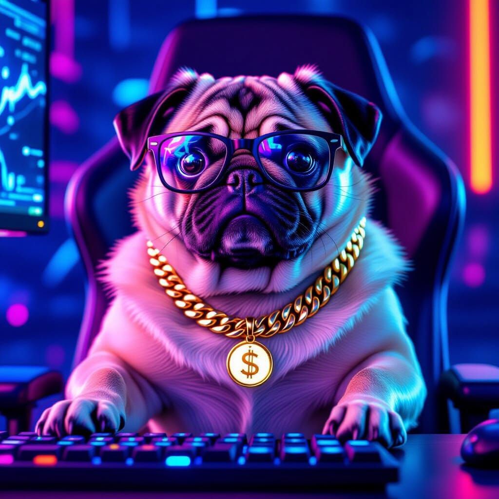 Photorealistic Pug Gamer in Neon Room