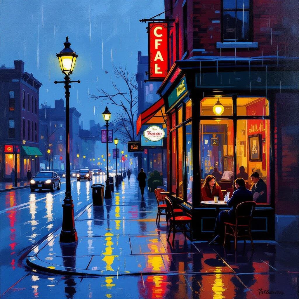 Cozy Coffee Shop on Rainy City Street at Twilight