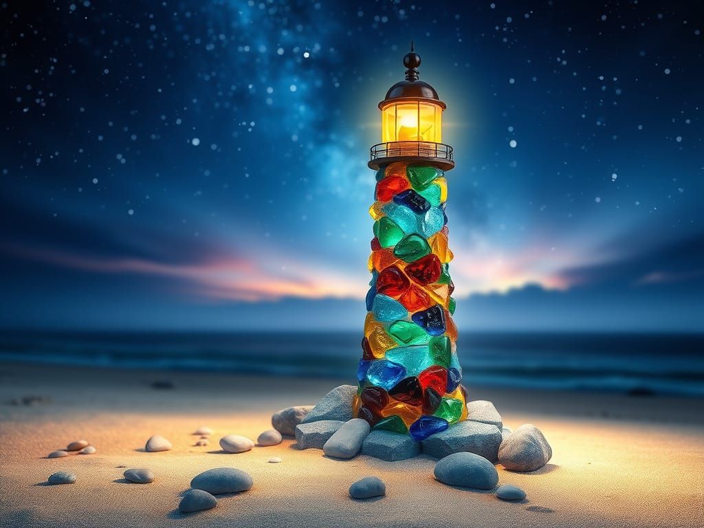 Sea Glass Lighthouse on Beach Under Starry Night Sky