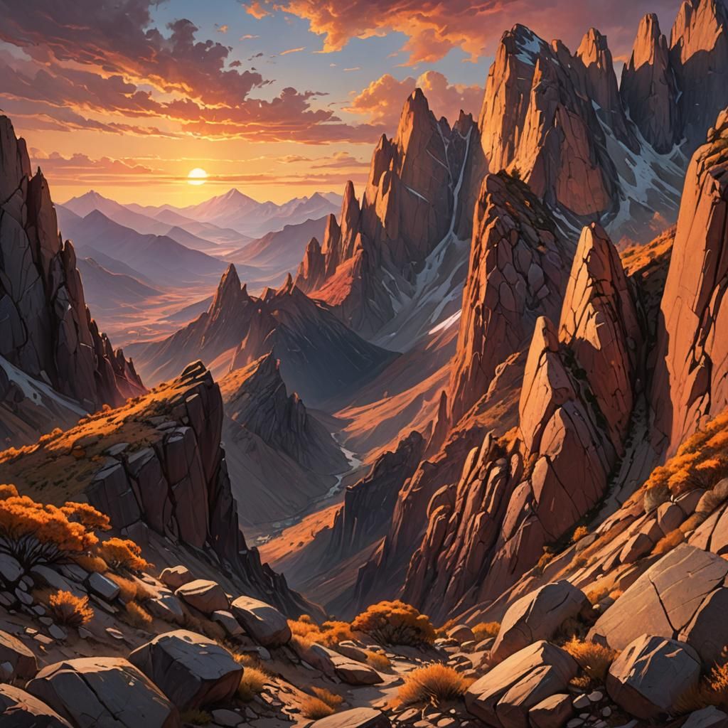 Sunset Majesty Over Rugged Mountain Peaks