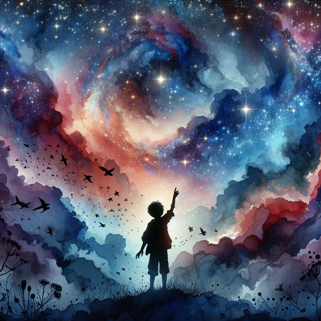 Boy Reaching for Stars in Romantic Silhouette