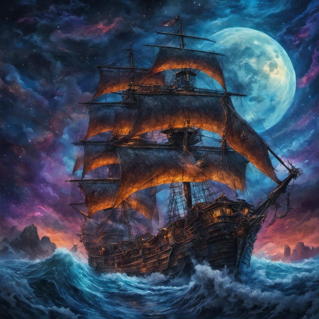 Mystical Pirate Ship Sailing on Cosmic Seas