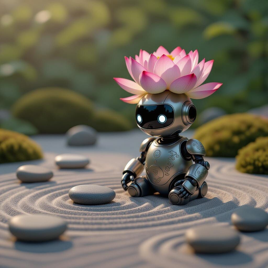 Robot with Lotus Flower Head tending Zen Garden