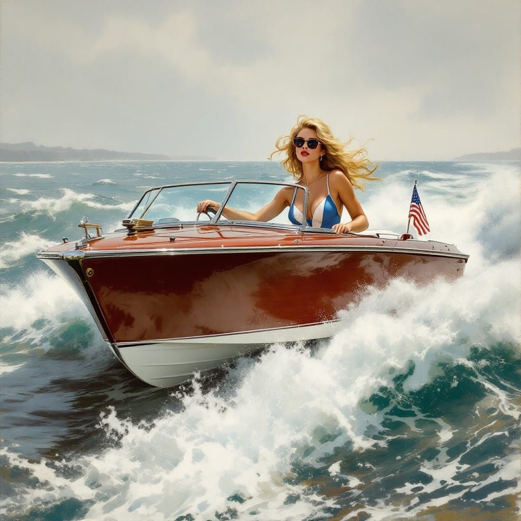 Vintage Pin-Up Girl Powers 1950s Speedboat Across Turbulent ...