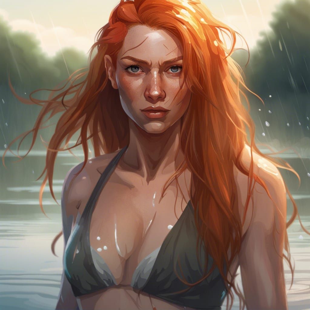 Ginger Haired Woman Emerging from Lake, Hyperdetailed Art