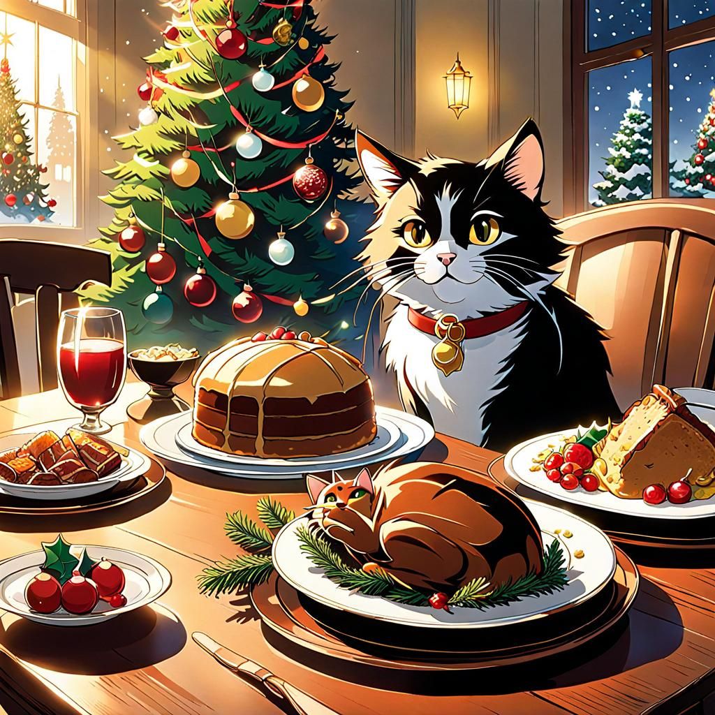Festive Animal Christmas Dinner in Anime Style