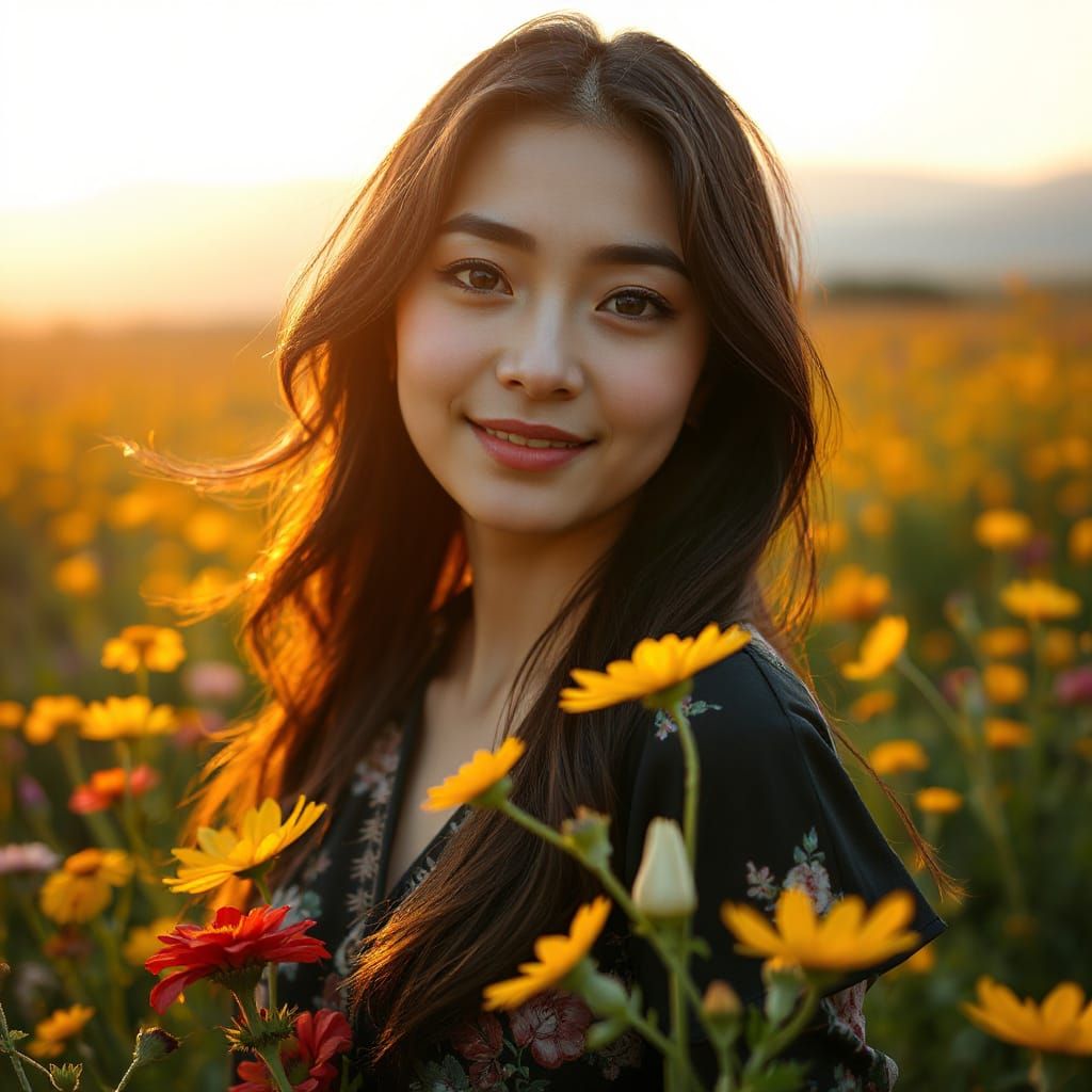 Smiling Japanese Woman in Wildflower Field at Dawn