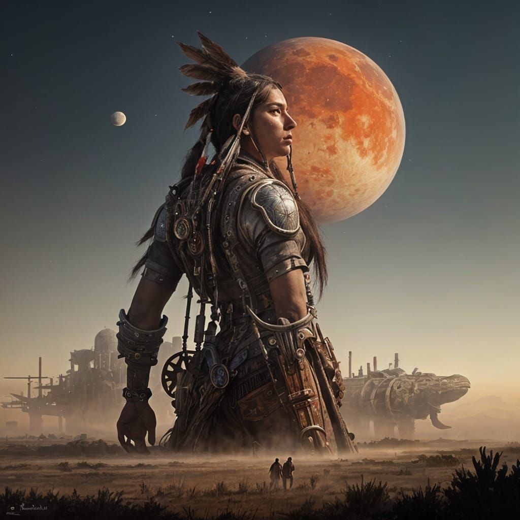 Native American and Dinosaurs Under Two Moons