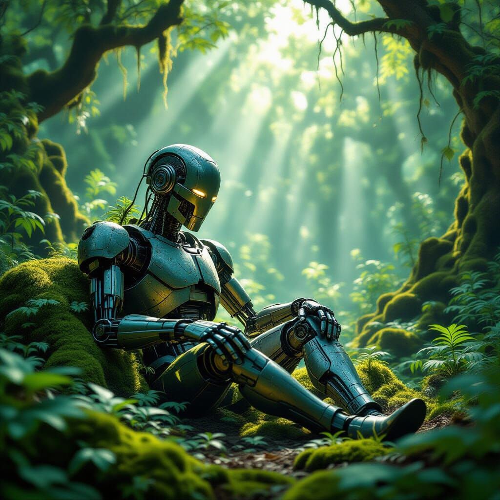 Moss-Covered Automaton in Overgrown Forest Clearing