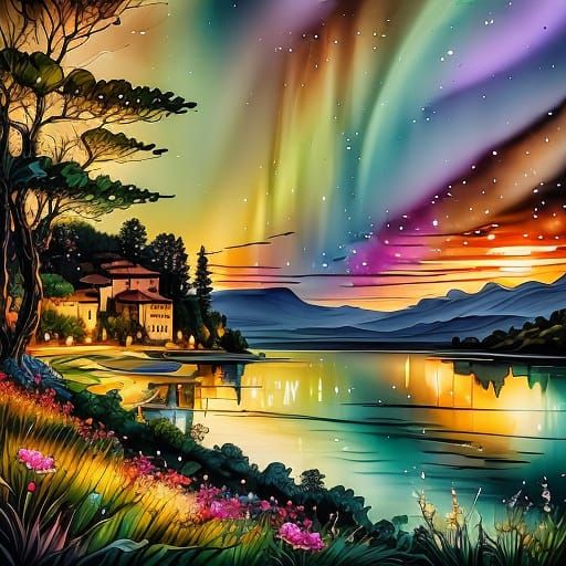 Dreamy Tuscan Sunset Landscape in Impressionist Style