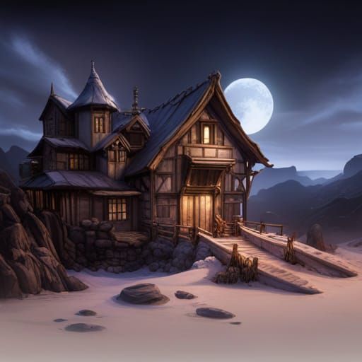 Fantastical White Dragon Cabin in Detailed Matte Painting